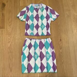 Omighty - Skull Argyle Stitch Crop Tee and Mini Skirt Set in White Purple Green